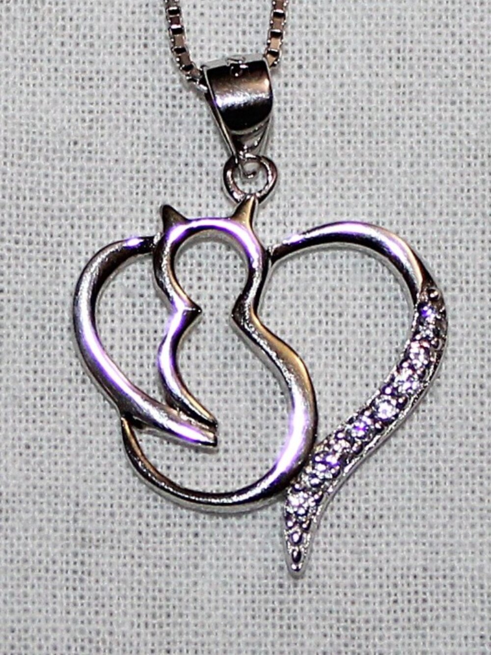 Sterling Silver Cat & Heart Cubic Zirconia Necklace